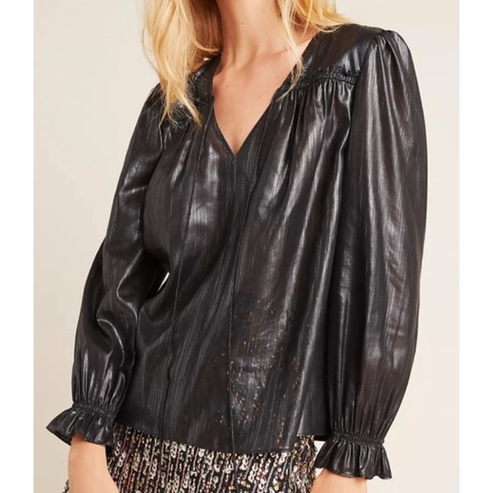 Current Air Anthropologie Black Metallic‎ Long Sleeve Top XS Holiday Party Event